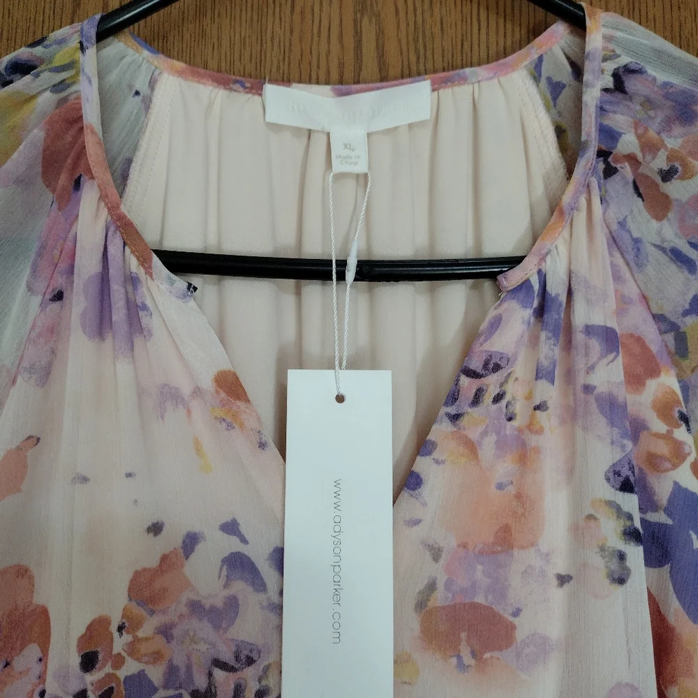 adyson parker XL Floral Tiered Puff Long Sleeve Strawberry Cream Dress - Picture 3 of 11